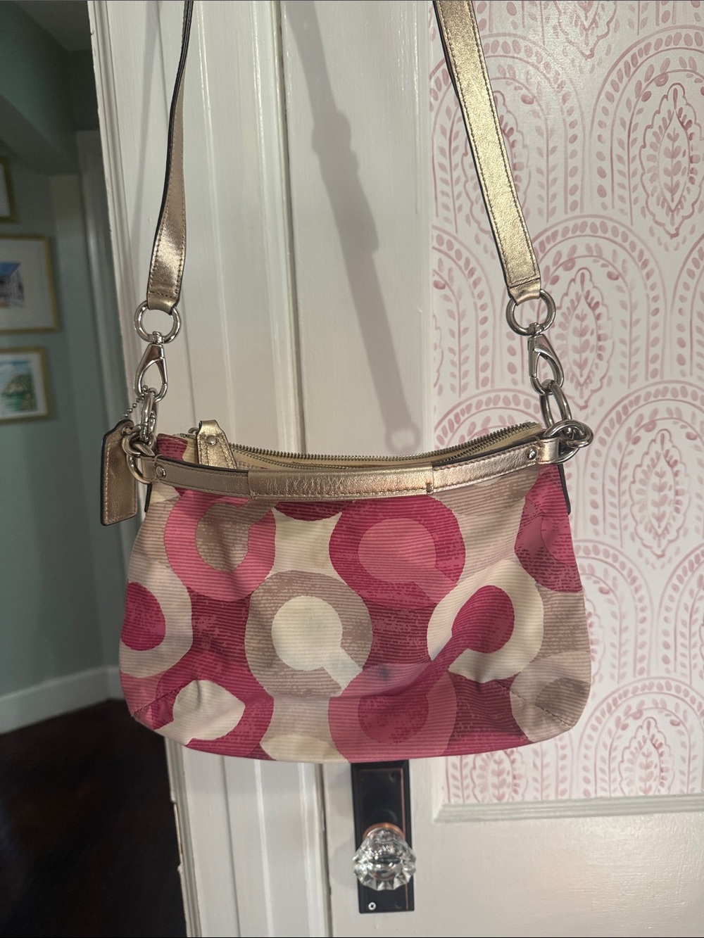 Coach Pink Pattern Logo Shoulder Bag with Metallic Strap - Picture 6 of 7